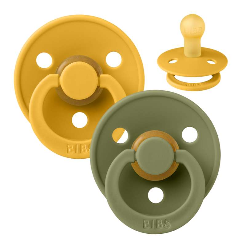 BIBS Round Colour Pacifier - 2-Pack - Size 1 - Natural rubber - Honey Bee/Olive