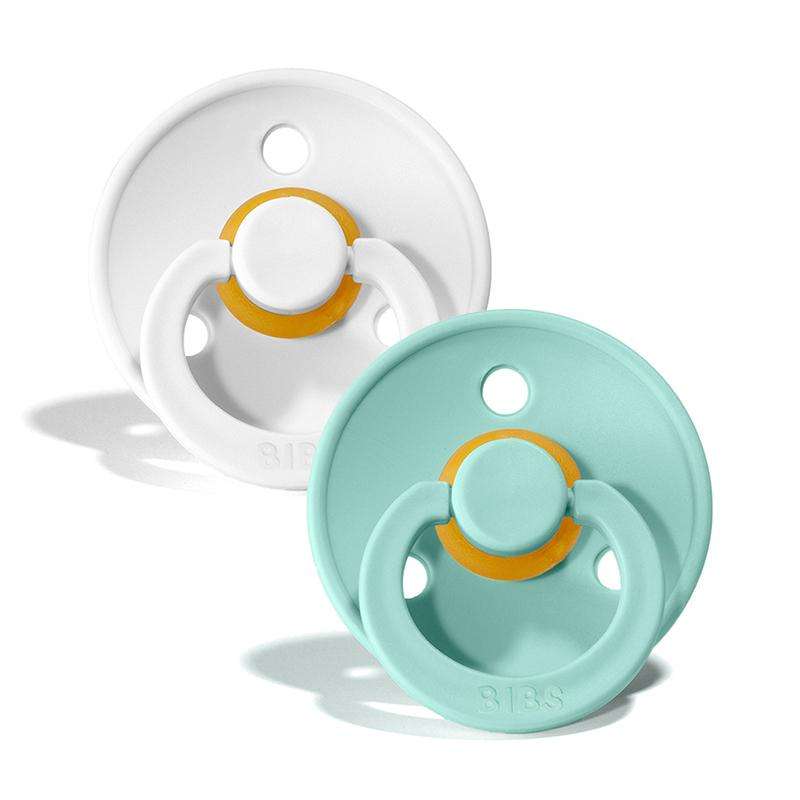 BIBS Round Colour Pacifier - 2-Pack - Size 1 - Natural rubber - White/Mint