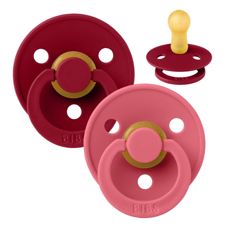 BIBS Round Colour Pacifier - 2-Pack - Size 2 - Natural rubber - Coral/Ruby