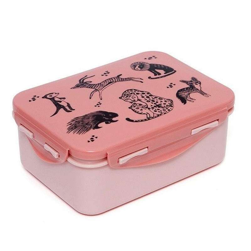 Petit Monkey Lunchbox - Black Animals (Dusty Pink)