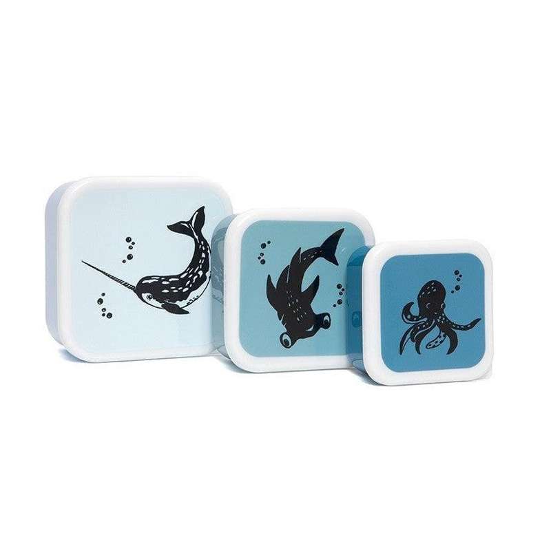 Petit Monkey Set with 3 Snack Boxes - Black Animals (Dusty Blue)