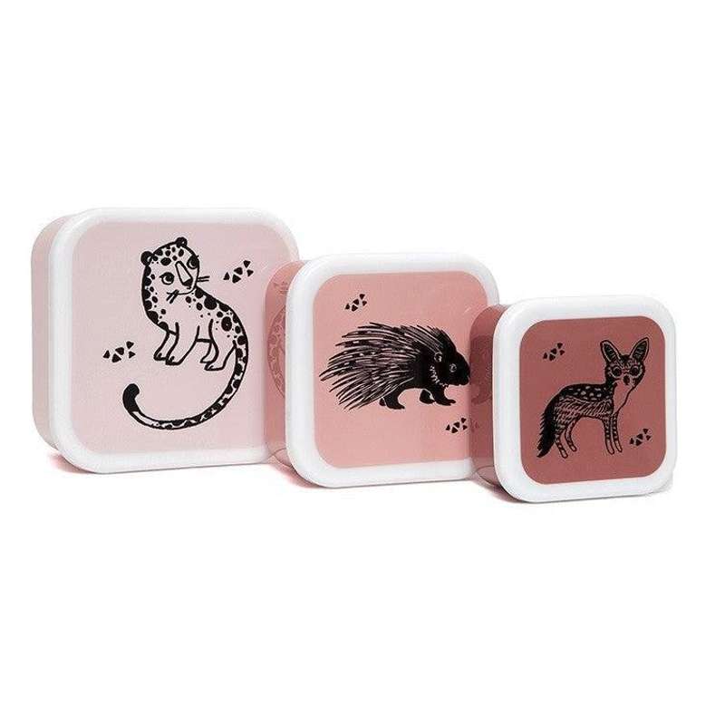 Petit Monkey Set with 3 Snack Boxes - Black Animals (Dusty Pink)