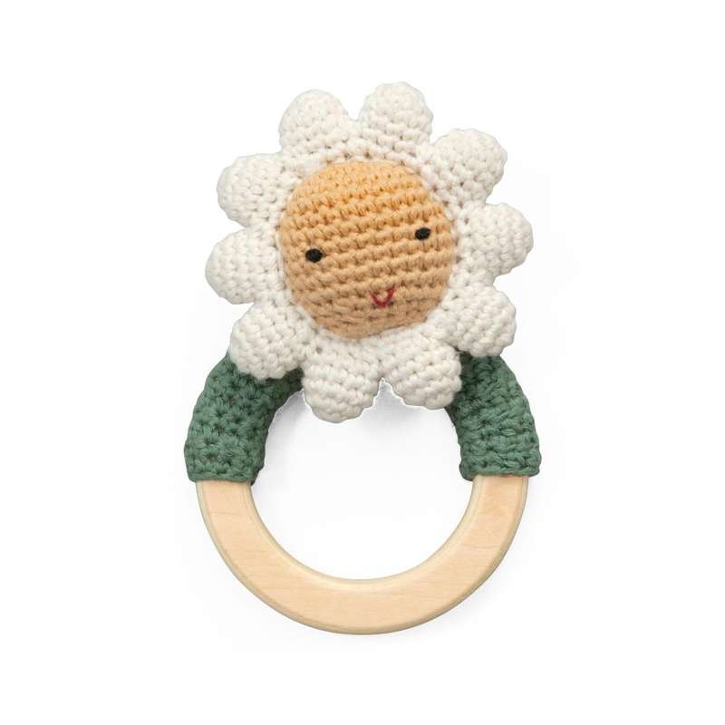 Sebra Crocheted rattle on wooden ring - flower
