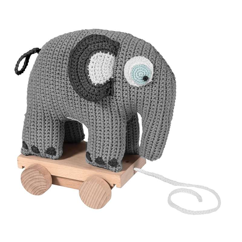 Sebra Crochet pull-along toy, Fanto the elephant, classic grey