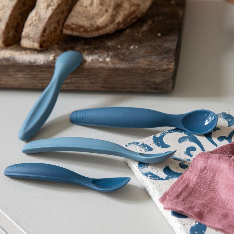 Silicone spoon set, long, vintage blue